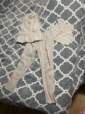 Reformation linen 3 piece billie vest adalyn crop top beige pants SZ 2 XS